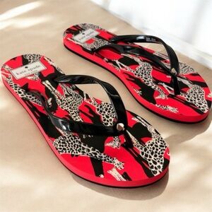 NWB Kate Spade Red & Black Giraffe Print Flip Flop Sandals Women's Size 7